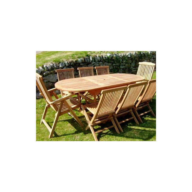 80cm x 1.5m-2.1m Teak Oval Extending Table with 6 Classic Folding Chairs & 2 Harrogate Recliners